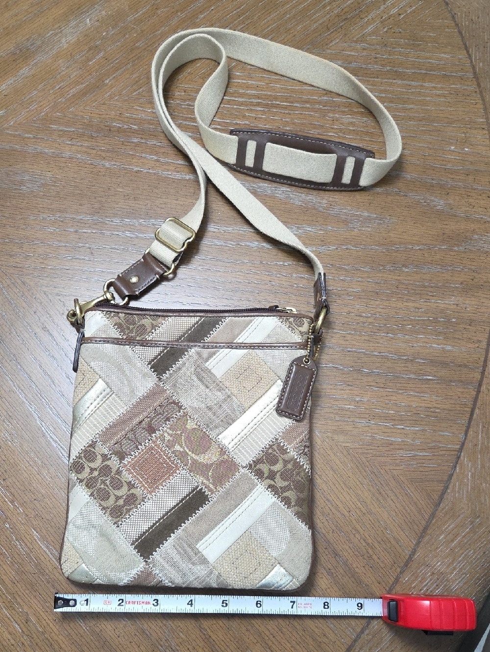 Coach Jacquard Leather Suede Patchwork Crossbody Bag In Beige/Brown
